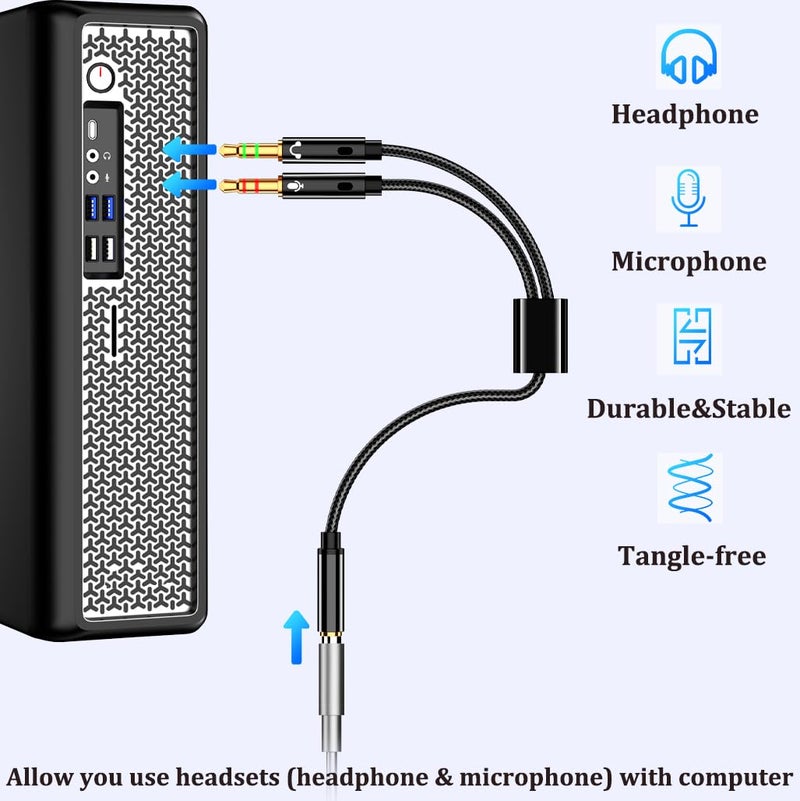 Warmstor 2-Pack Headphone Splitter for Computer 3.5mm Female to 2 Dual 3.5mm Male Headphone Mic Audio Adapter Y Splitter Cable Nylon Braided Cord Smartphone Headset to PC Adapter (Black,Silver) - Image 4